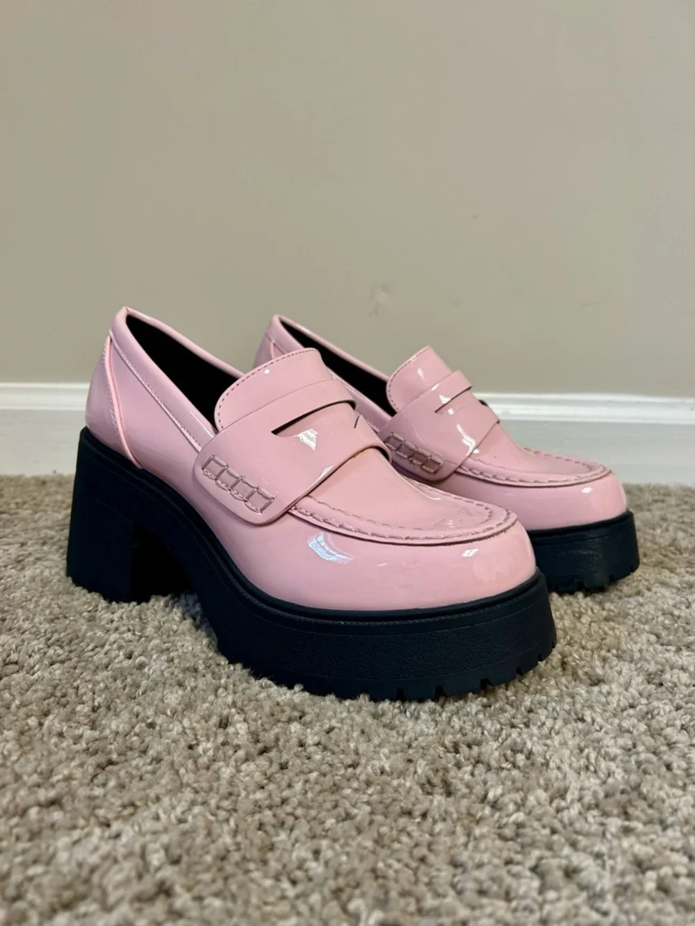 Soda Pink Patent Platform Loafers with Black Lug Sole - Picture 1 of 3